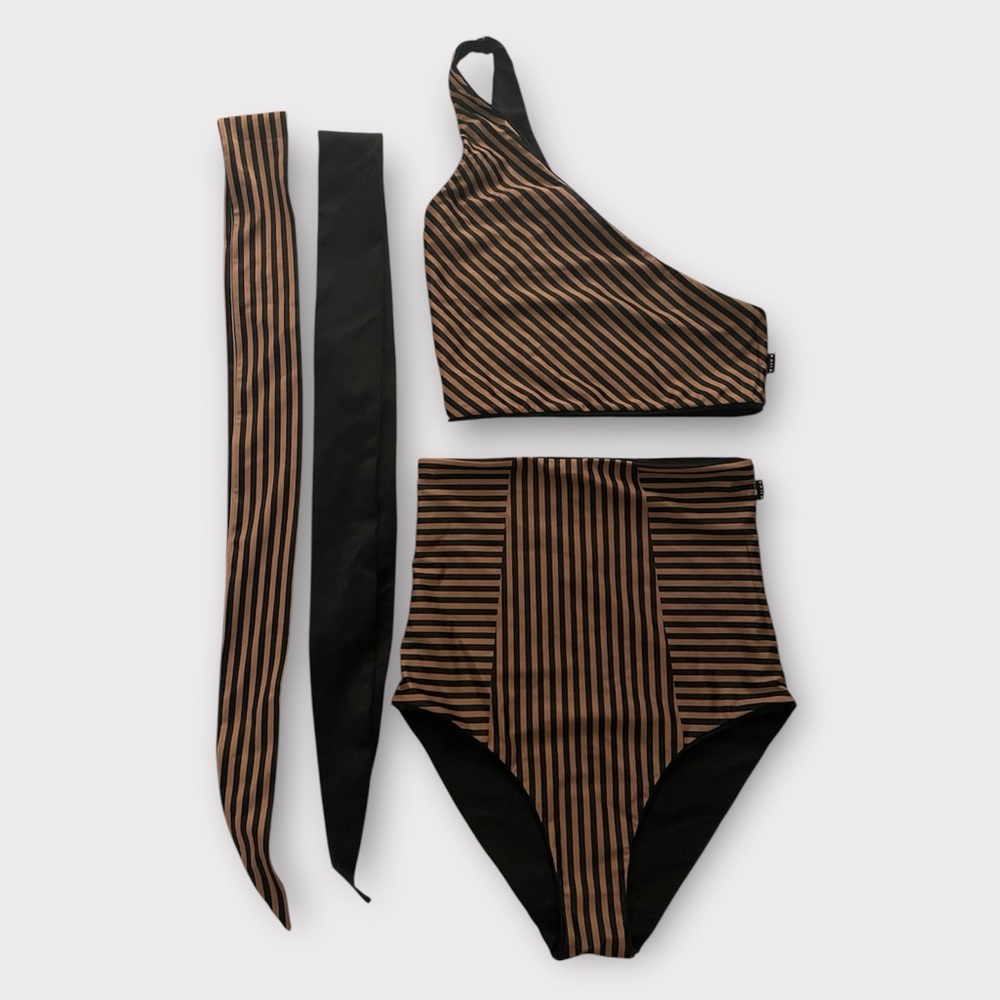 Striped Twist-Front High-Waist Bikini - Black & Tan - Picture 4 of 5